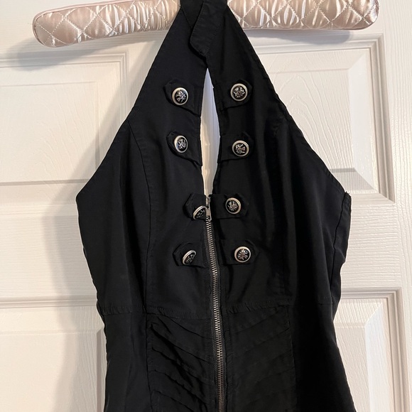 Black zip front backless halter top. military button details. Stretch fabric. - Picture 13 of 16